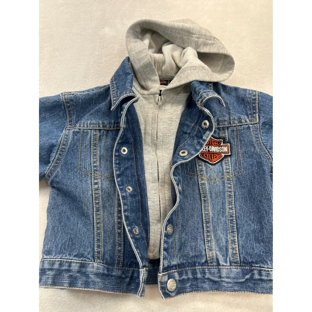 Harley-Davidson Denim Jacket Kids 2T Blue Layered Hoodie Embroidered Biker‎ Logo